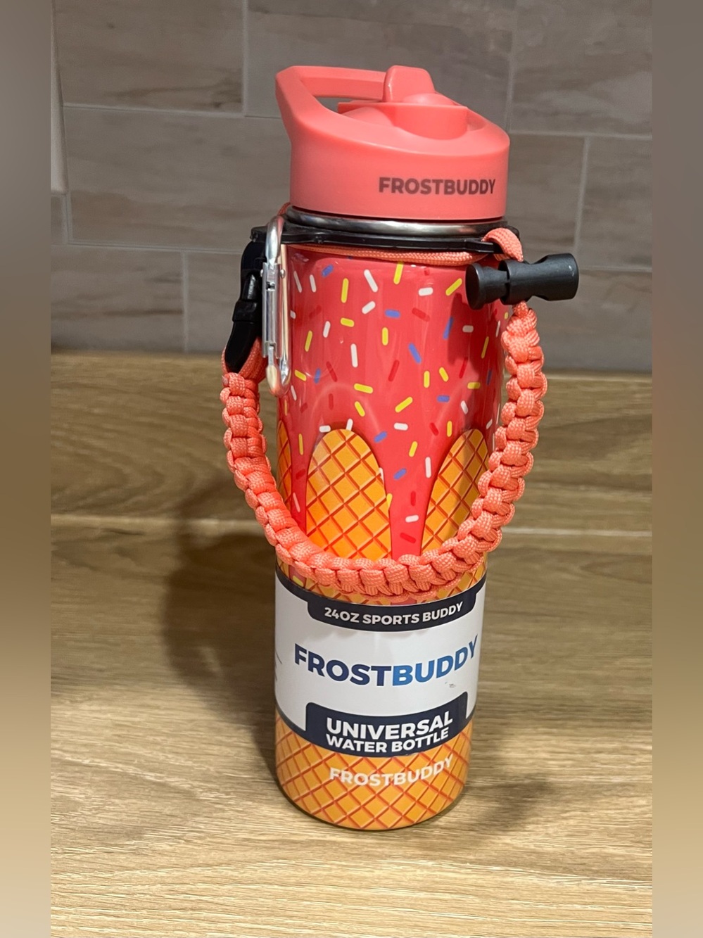 FrostBuddy Kids Water Bottle in Coral with Ice Cream Cone Print